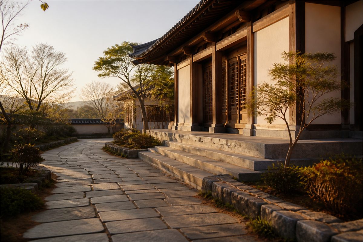 Stone path leading through a calm garden toward a modest temple exterior at dawn