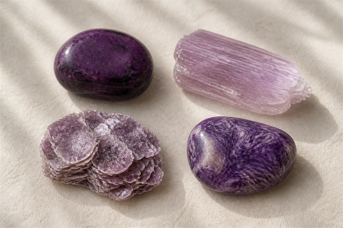Sugilite, pale kunzite, layered lepidolite, and swirling charoite on cream fabric