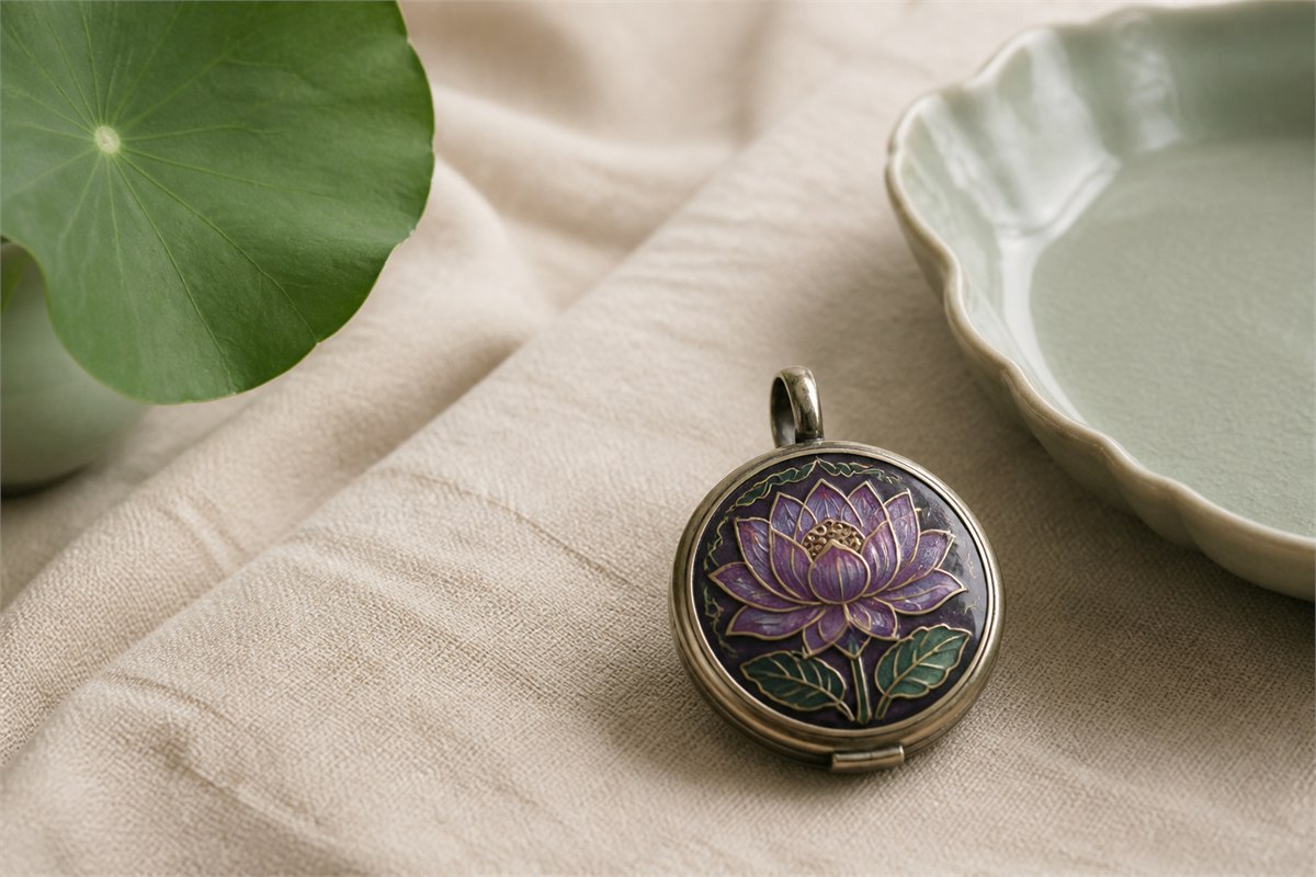 Muted purple lotus enamel pendant on ivory linen beside a green lotus leaf and celadon dish