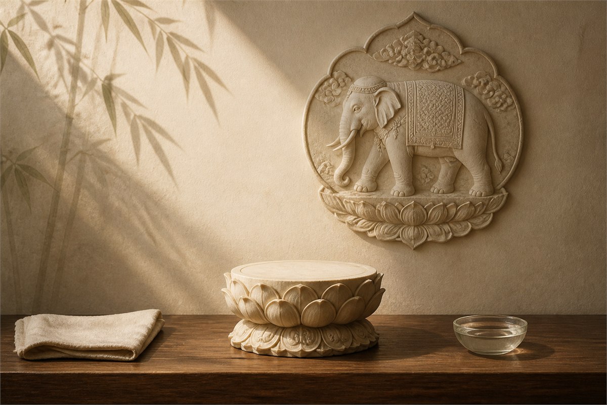 Warm neutral devotional shelf with a lotus pedestal, folded cloth, water bowl, and carved elephant relief