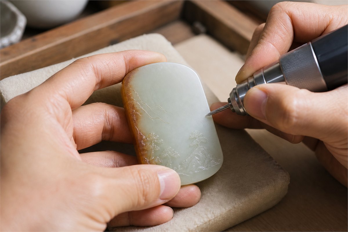 Jade carver shaping a landscape relief on pale stone while preserving a brown color edge