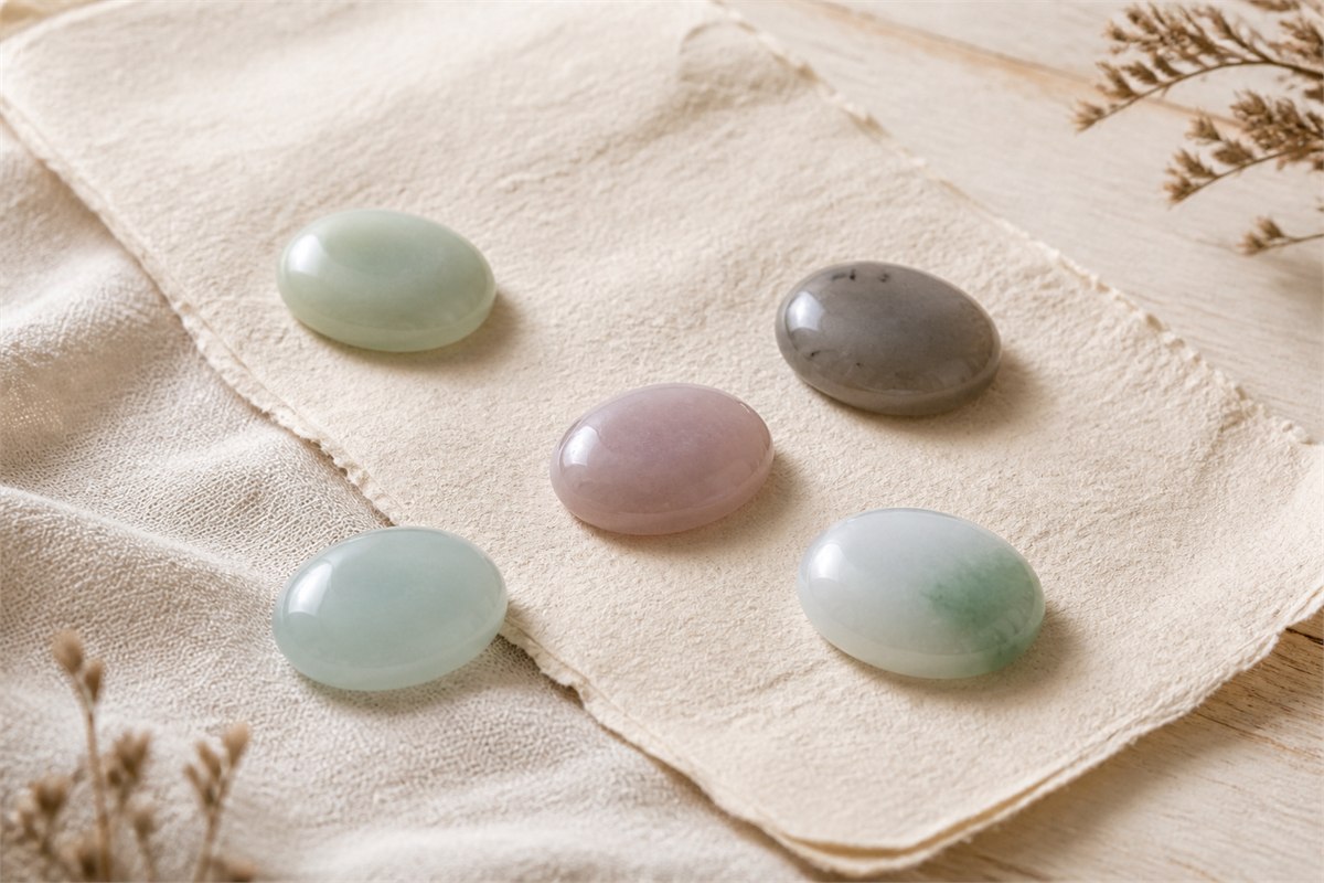 Five plain nephrite cabochons in pale celadon, smoky gray, soft pink, blue-green, and white with a green area.