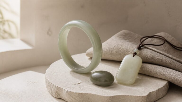 A pale celadon nephrite bangle, creamy white pendant, and gray-green cabochon arranged on a warm stone plinth.