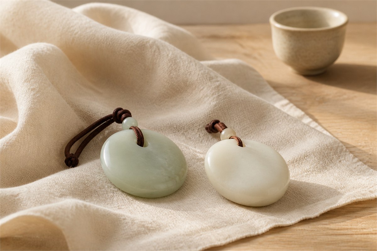 A pale celadon nephrite pendant and a creamy white nephrite pendant on ivory linen in natural light.
