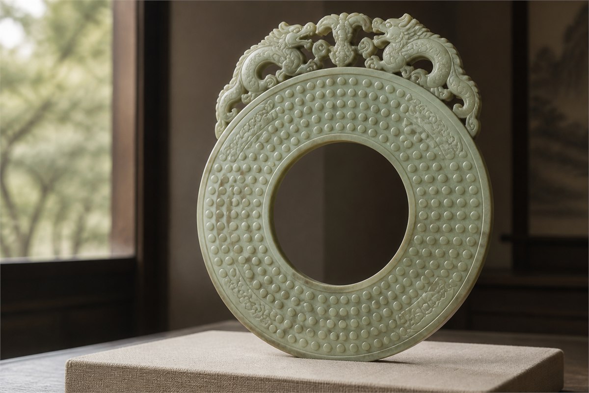 Large muted green jade bi reconstruction with raised bosses, coiling motifs, and a paired-dragon crest