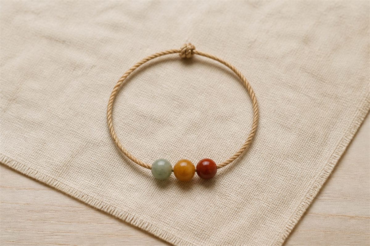 Three muted stone beads on a natural cord closed into one complete loop