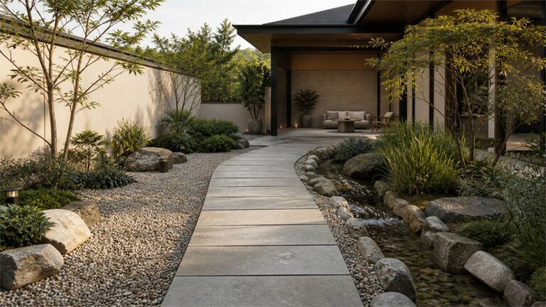 Wide courtyard with a firm central path, muted decorative gravel, planting and a rain garden edge
