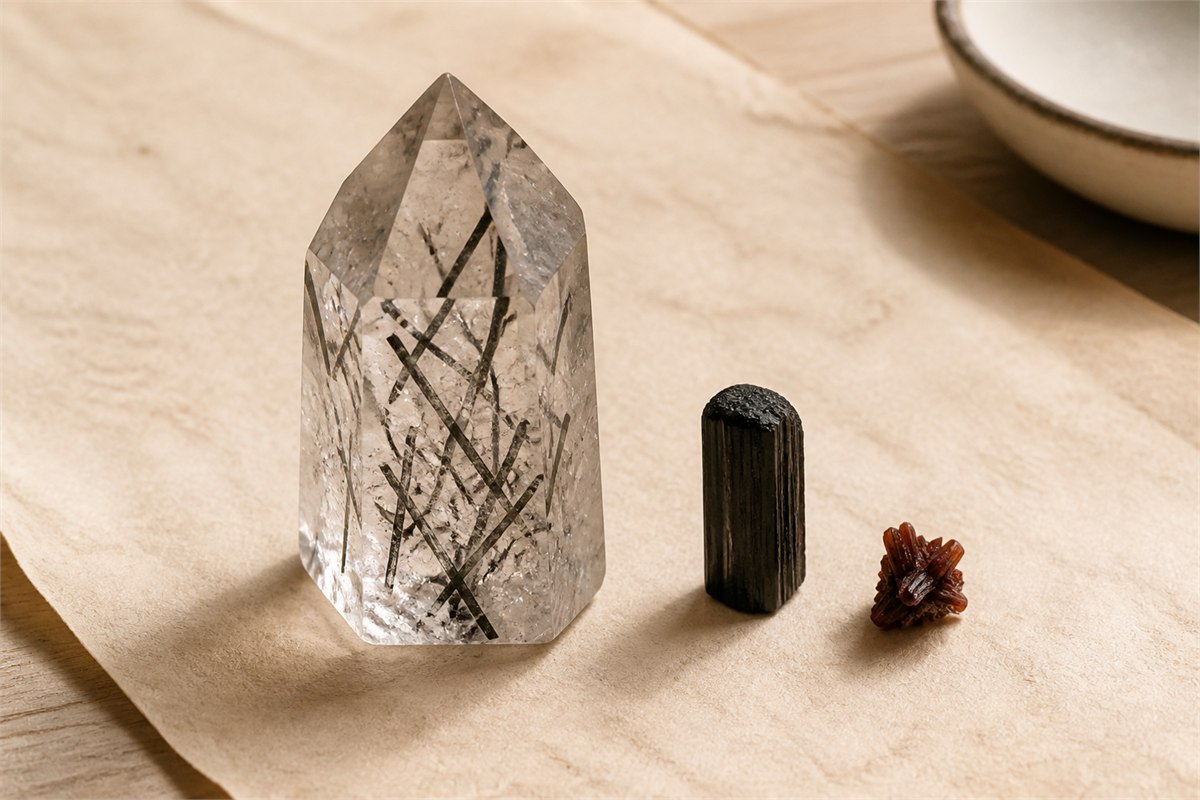 A transparent needle-included quartz point beside a striated black tourmaline prism and a small reddish-brown crystal cluster.
