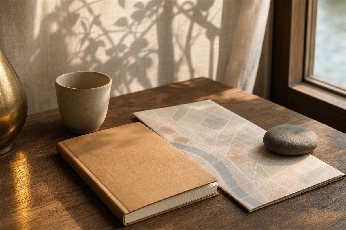 Open travel journal, simple map, stone, tea cup, and soft golden reflection