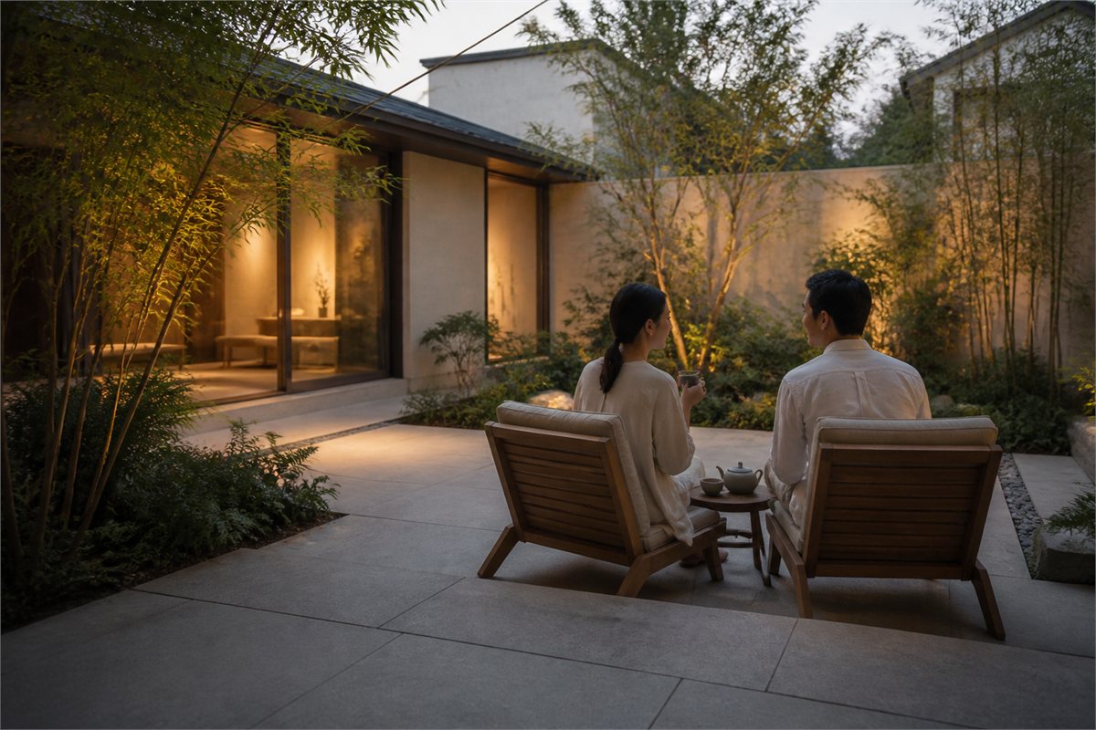 Two adults sharing tea on a porcelain-paved garden terrace at twilight