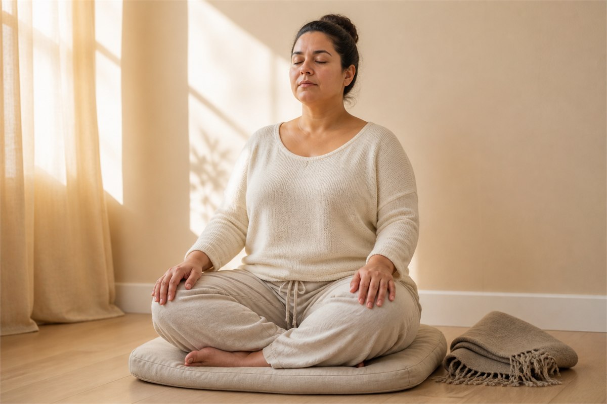 Adult meditating at home in a loose neutral top and sage trousers with a folded shawl nearby