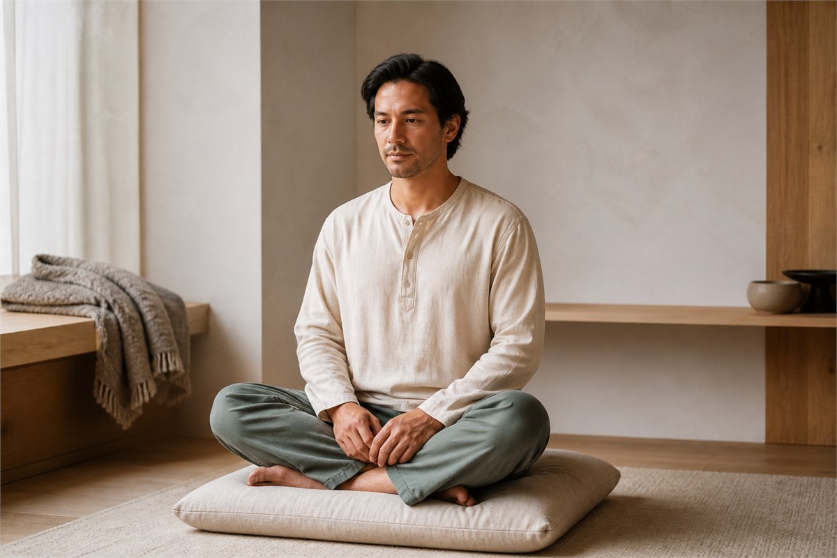 Man seated cross-legged at home in a loose ivory top and muted sage trousers