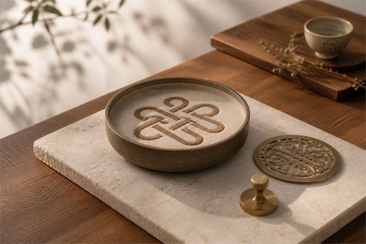 An attended incense seal in a heat-safe ceramic burner on a calm, uncluttered table
