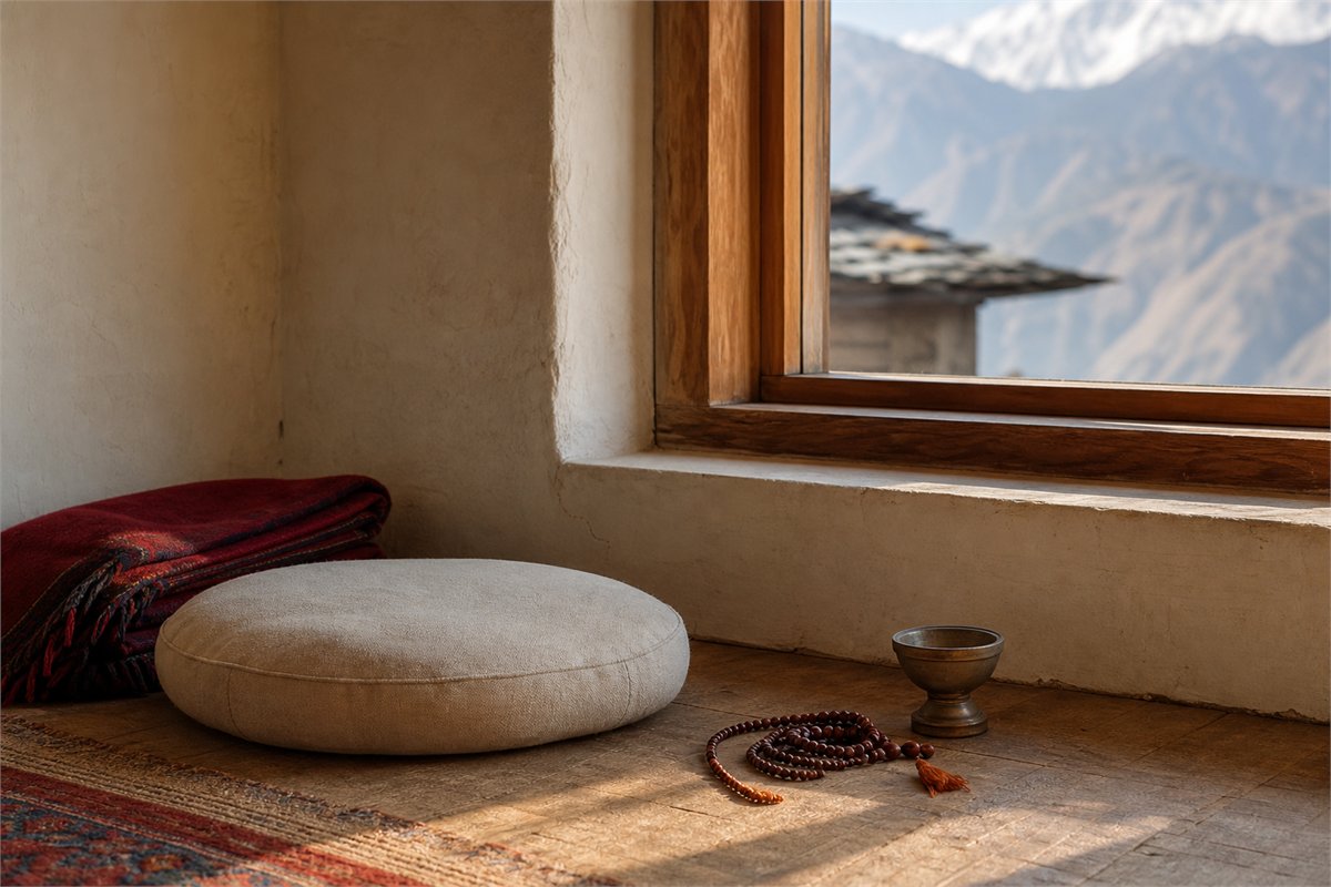 Plain meditation cushion, folded wool shawl, wooden mala, and small metal bowl beside a mountain window