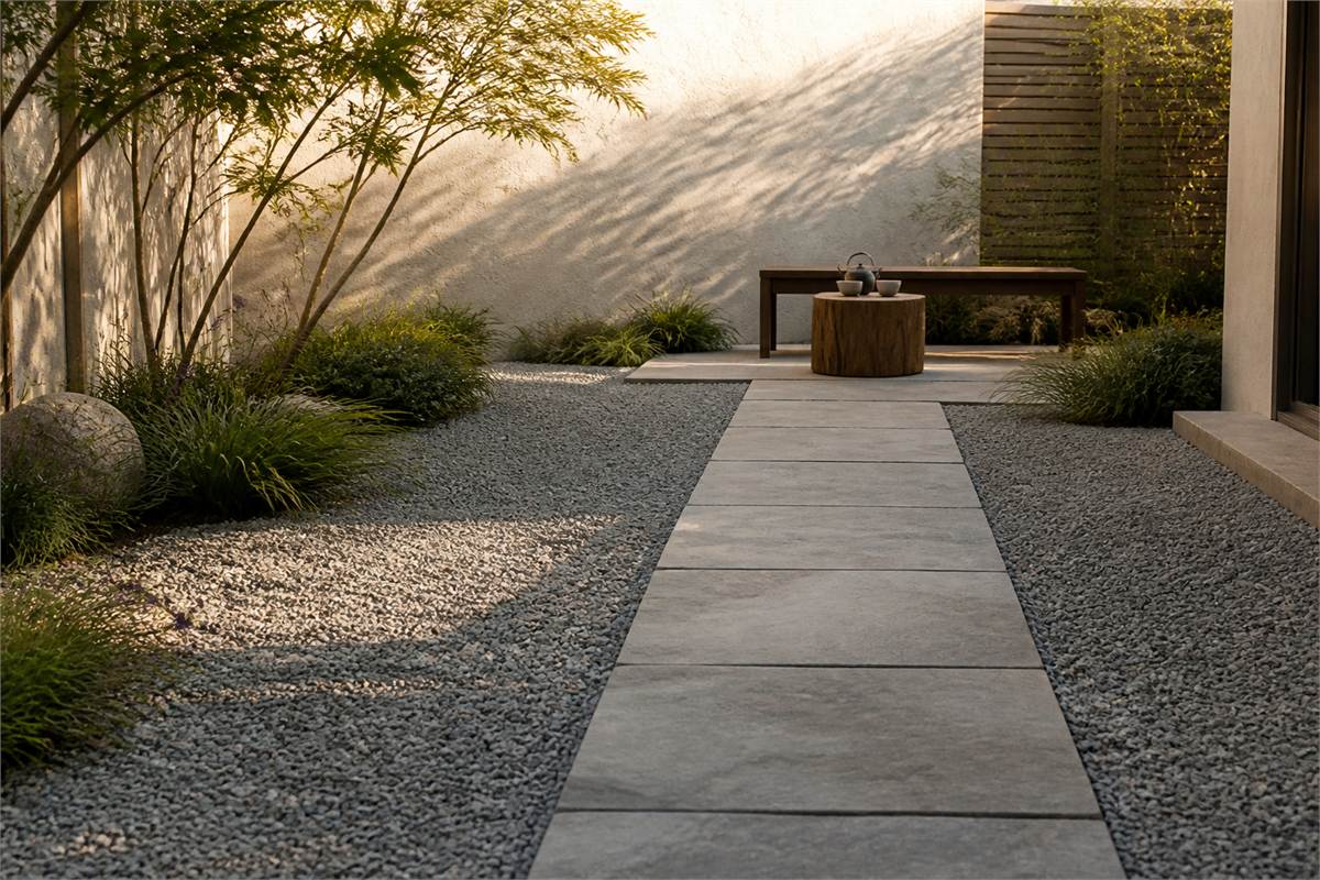 Firm stone path bordered by muted decorative gravel in a quiet courtyard