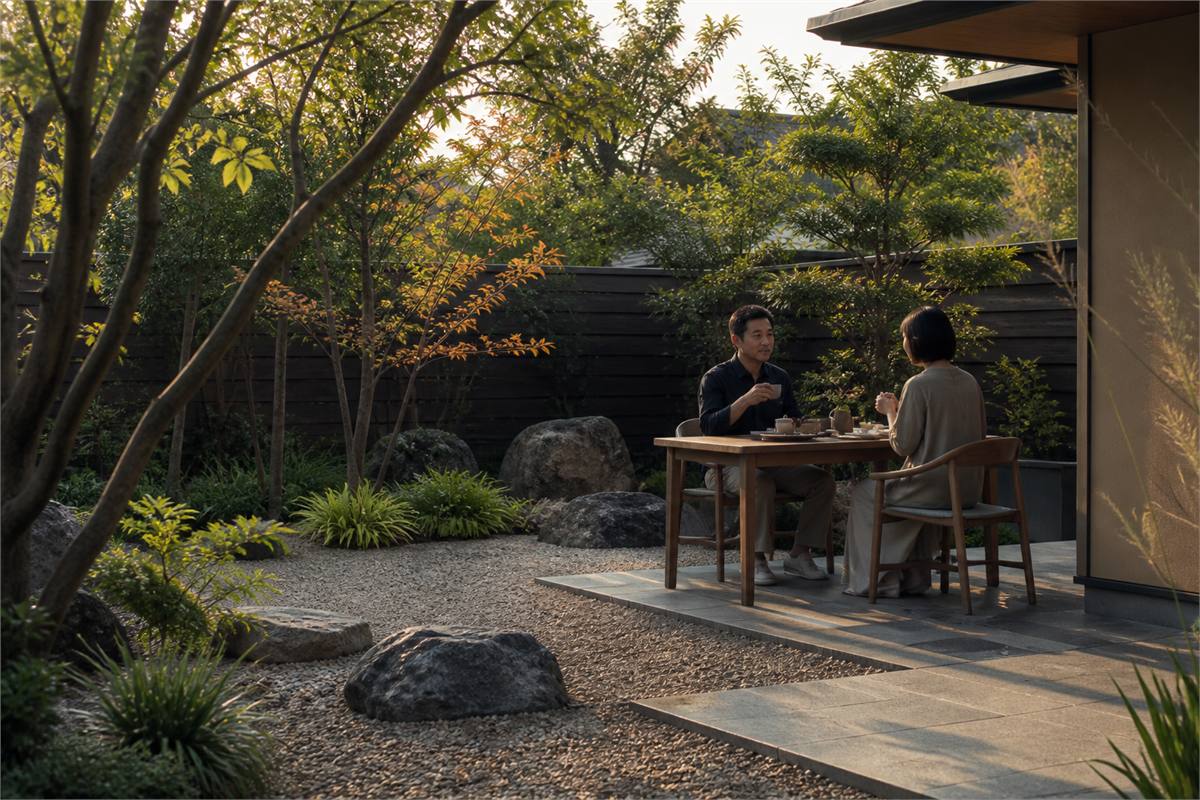 Two adults sharing tea on a paved terrace beside a calm gravel garden
