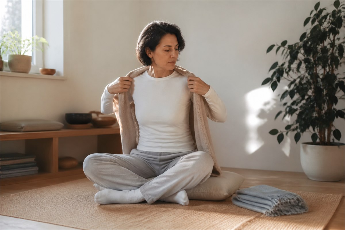 Seated adult adding a soft cardigan with socks and a folded shawl within reach
