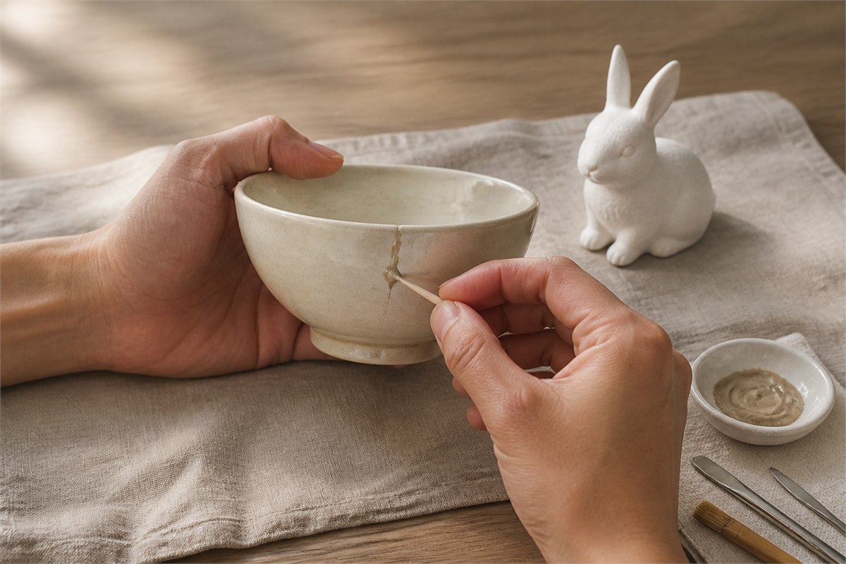 Hands carefully repairing a cream ceramic bowl beside a small white rabbit figure