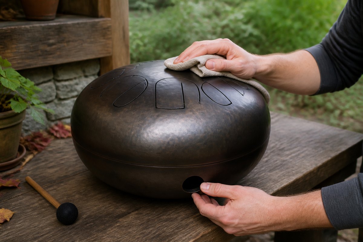 Hands wiping a matte bronze rain drum and checking its lower drain opening