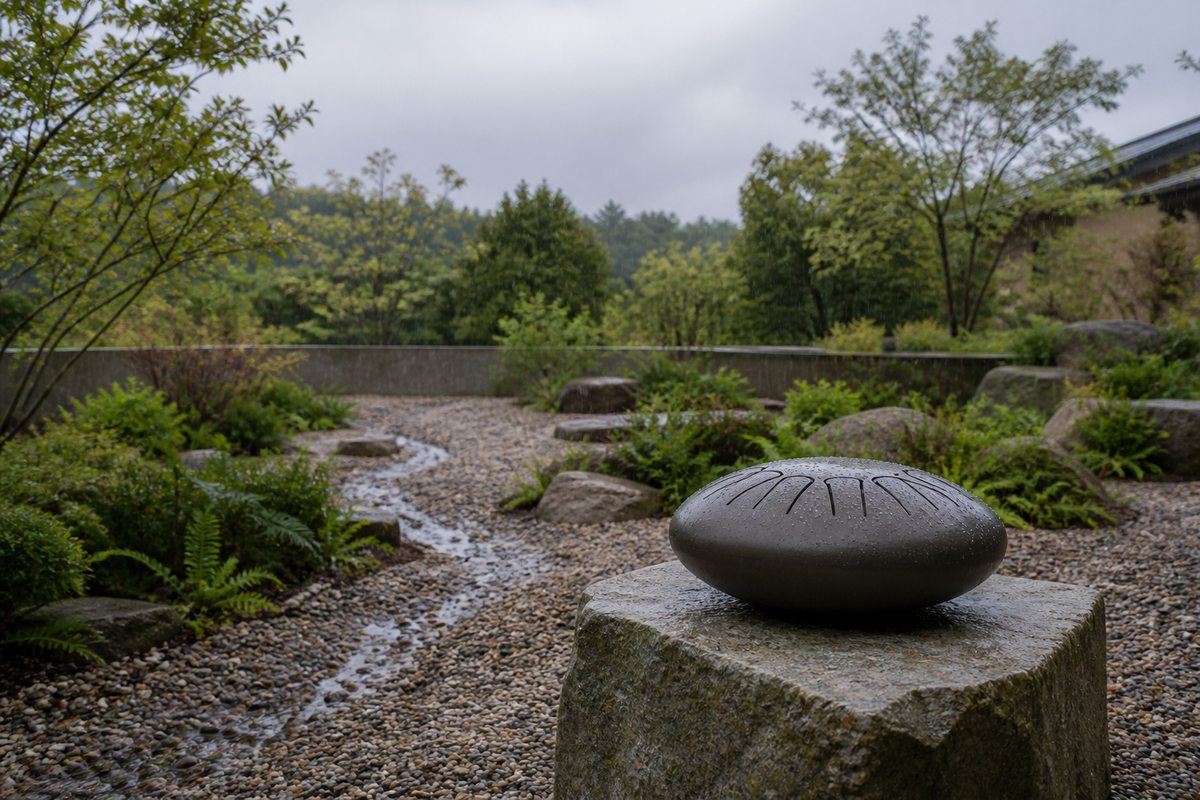 Outdoor rain drum on a stable stone pedestal beside a permeable gravel drainage path