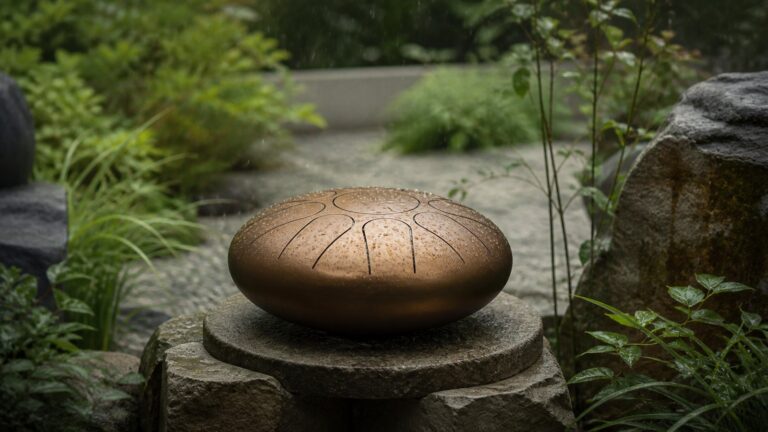 Matte bronze rain drum with cut metal tongues receiving gentle rain in a quiet garden