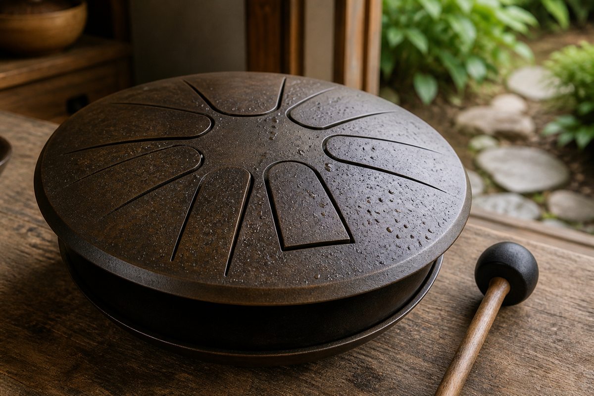Close view of varied cut metal tongues and a soft mallet beside a matte bronze rain drum