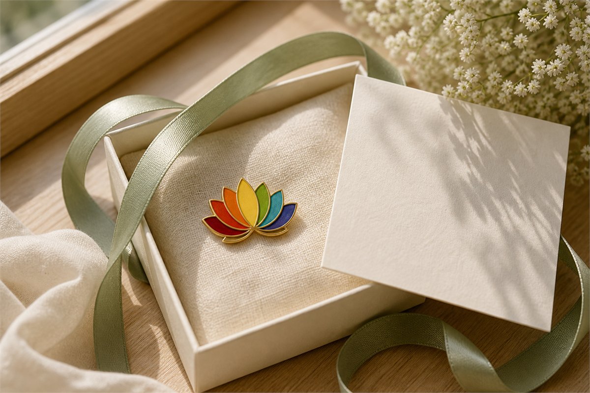 Seven-colored lotus brooch in an ivory gift box with sage ribbon and a blank card