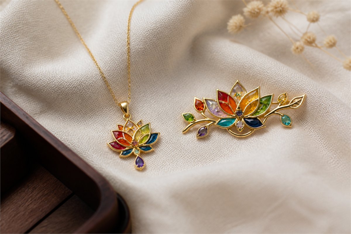 Lotus pendant and brooch with restrained rainbow enamel and colored stones on ivory linen