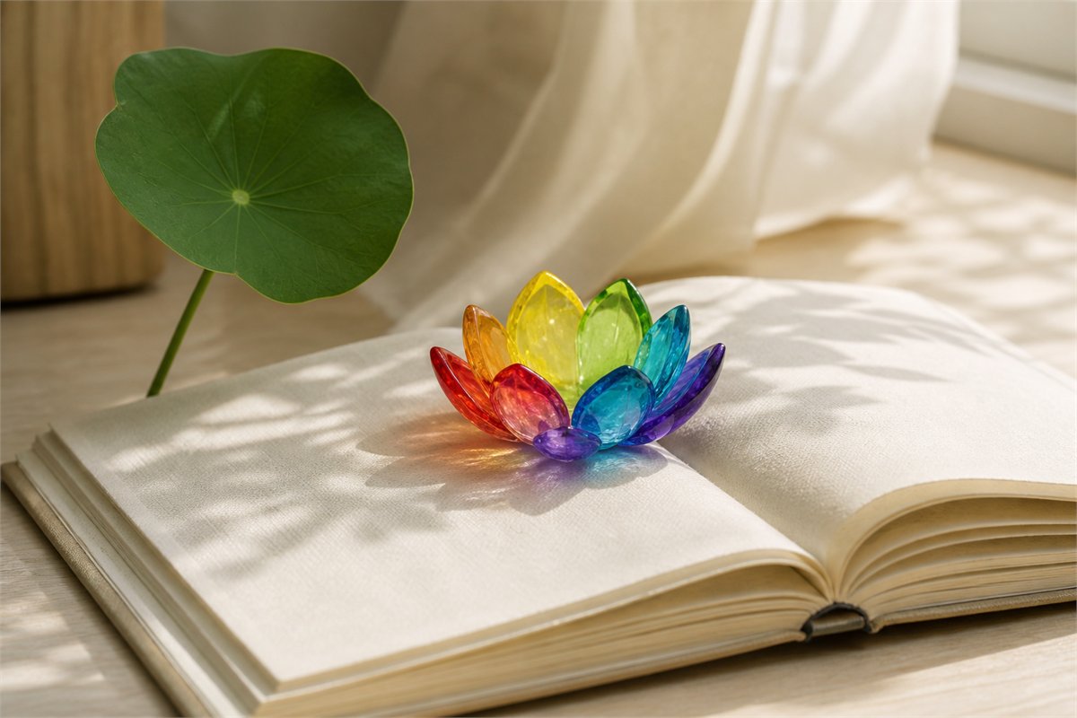Rainbow glass lotus on an open linen journal beside a green lotus leaf