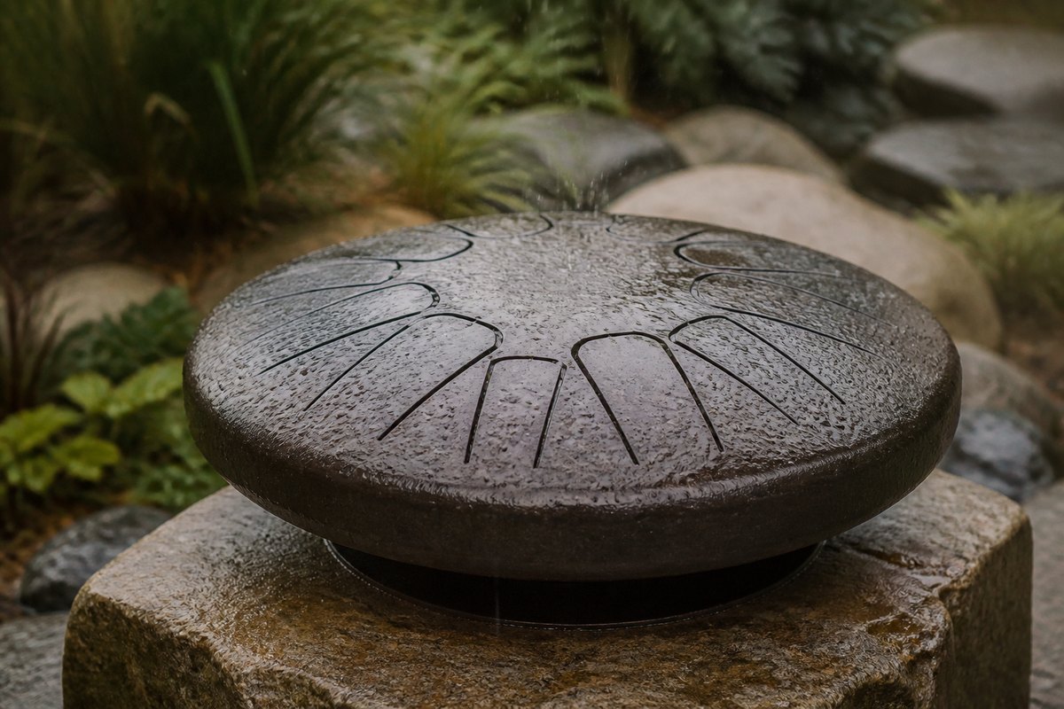 Raindrops striking the cut metal tongues of an outdoor rain drum on a stone base