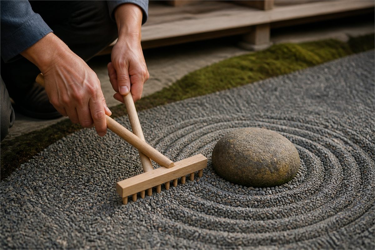 Adult hands guiding a wooden garden rake through fine gravel around a placed stone