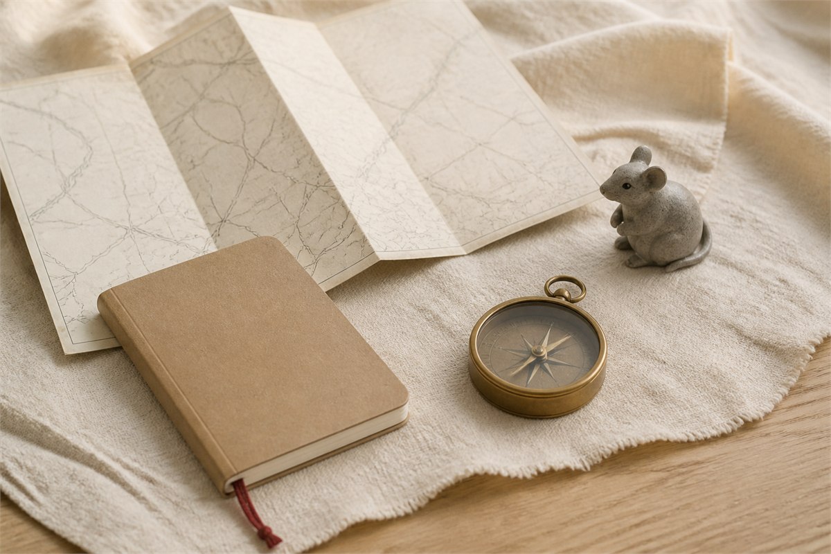 Ceramic rat figure beside a blank notebook, folded map, and brass compass on ivory linen