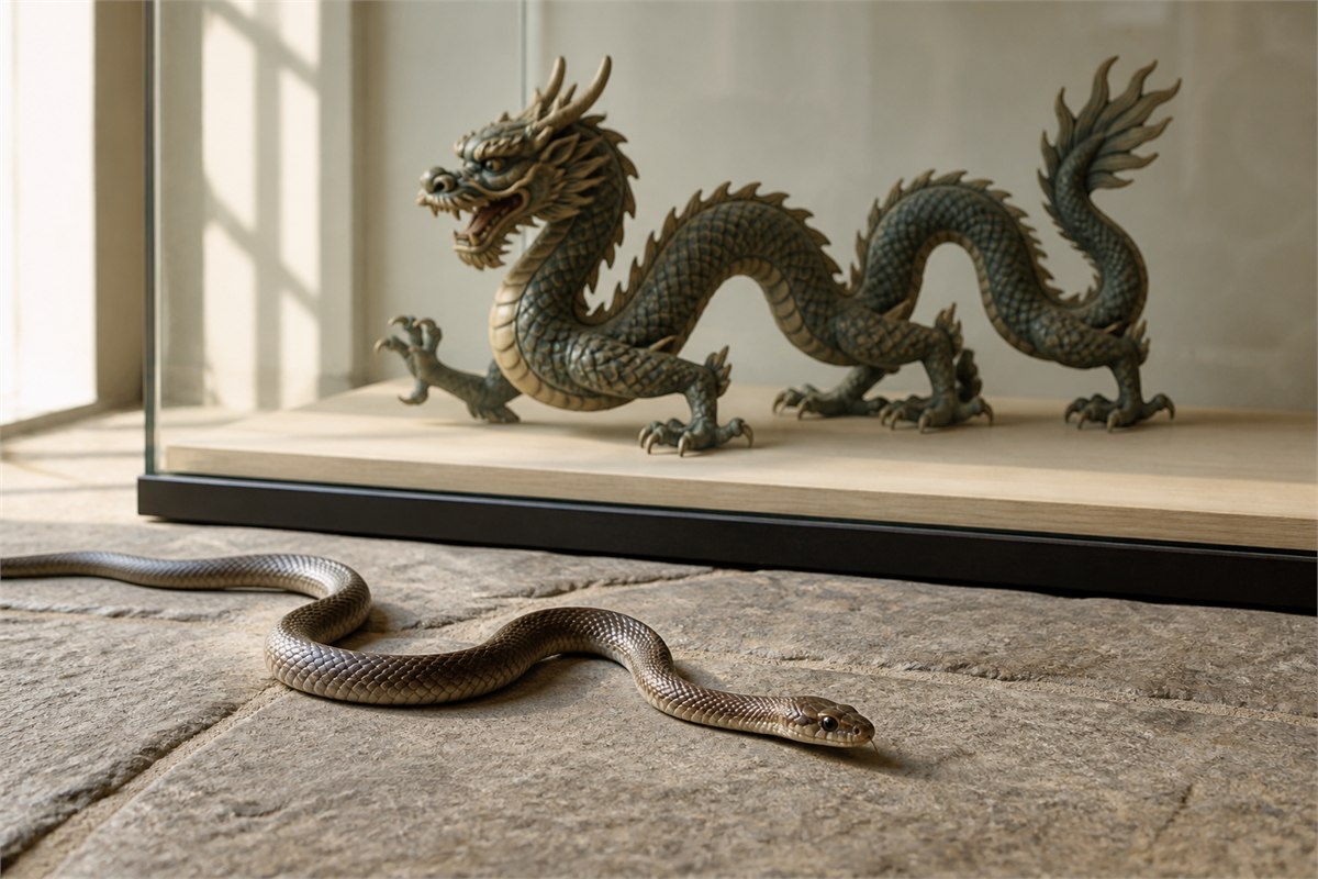 Real limbless snake moving on stone with a Chinese dragon sculpture displayed behind glass