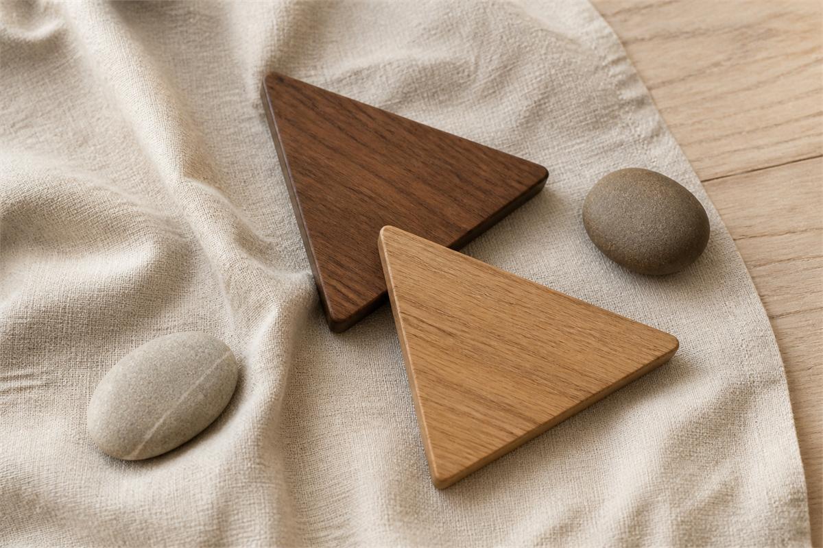 Two separate triangular wooden forms meeting gently on a pale linen surface