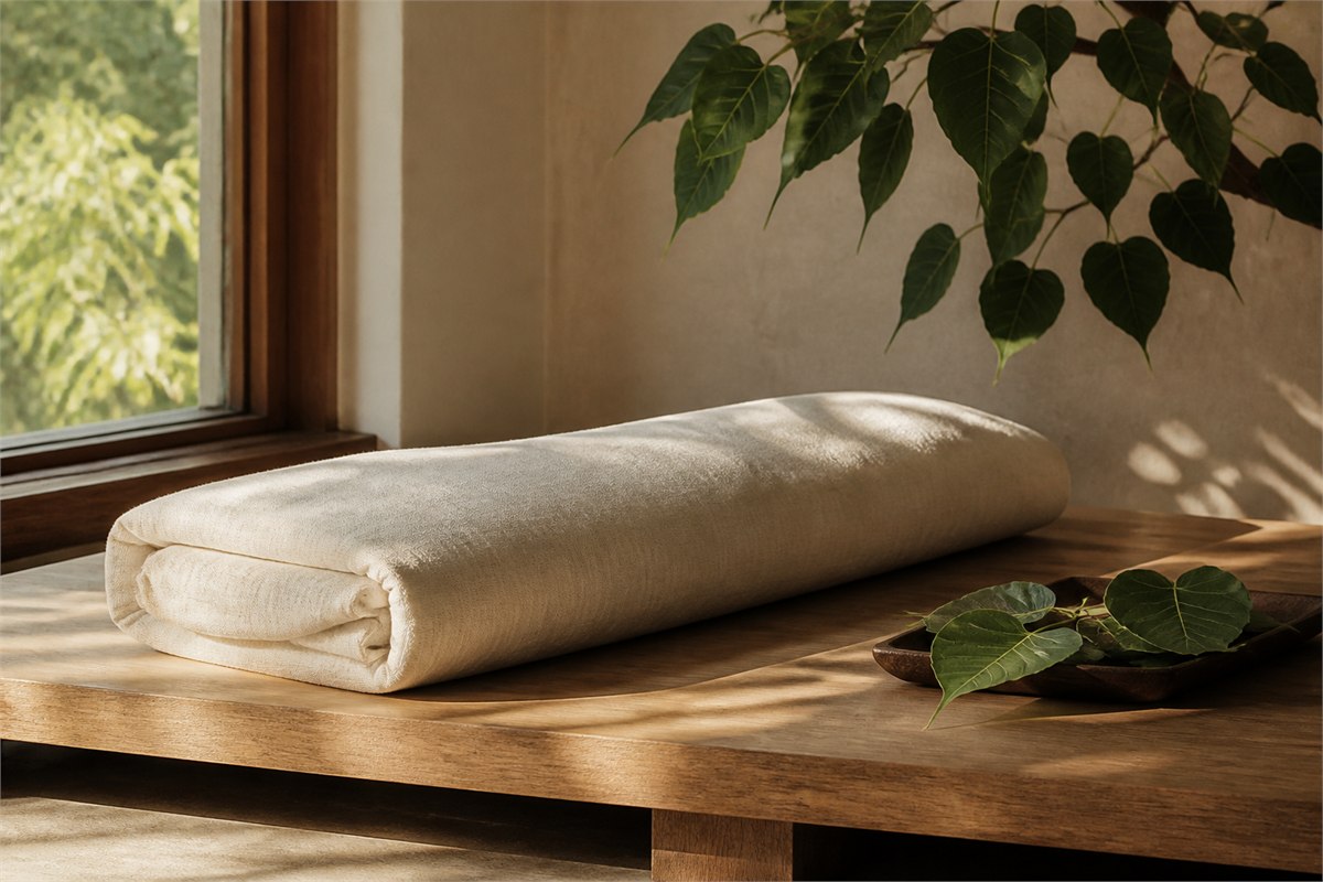 Ivory linen bolster on a wooden platform beside green leaves in morning light