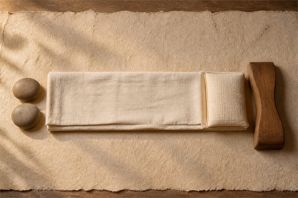 Long folded ivory textile with cushion, curved wood support, and two aligned stones