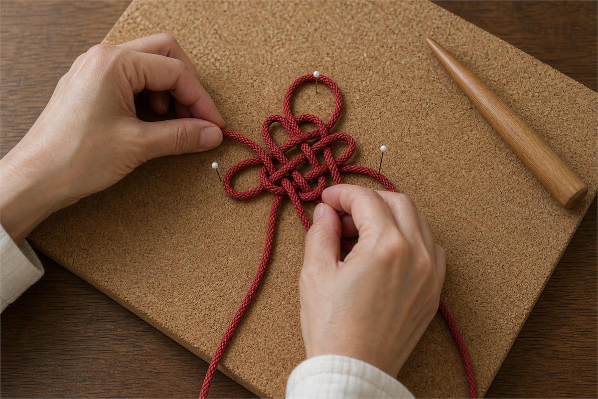 Hands arranging a red Pan Chang knot on a cork board to show its over-under path and balanced loops