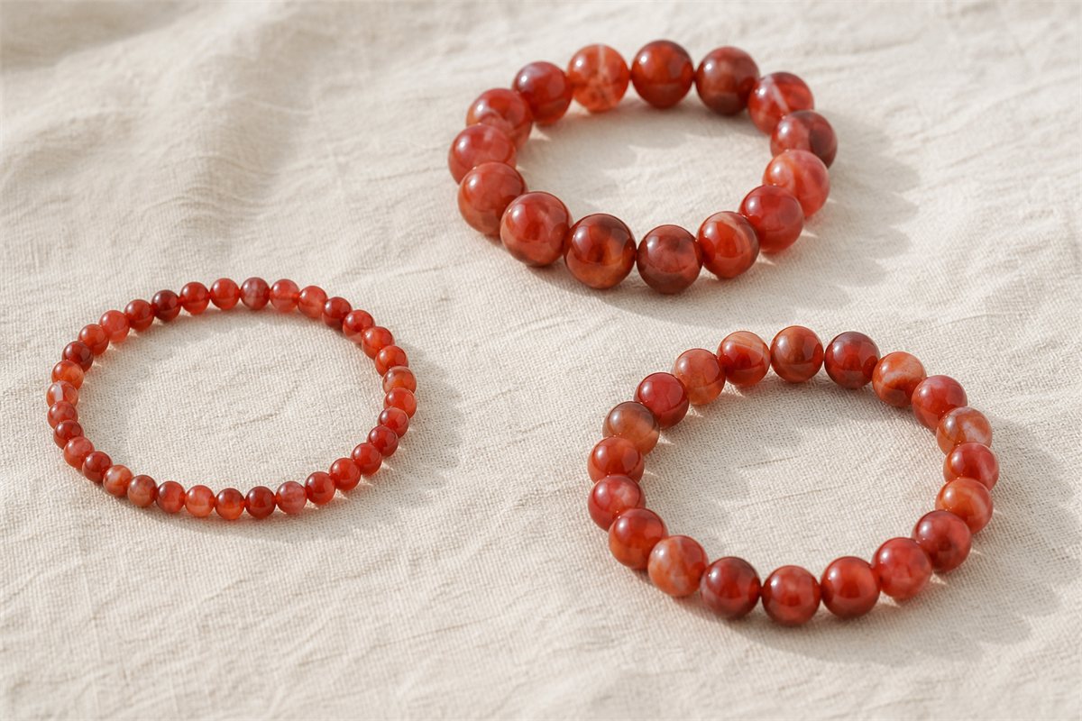 Three complete red agate bracelets made with small, medium, and large round beads