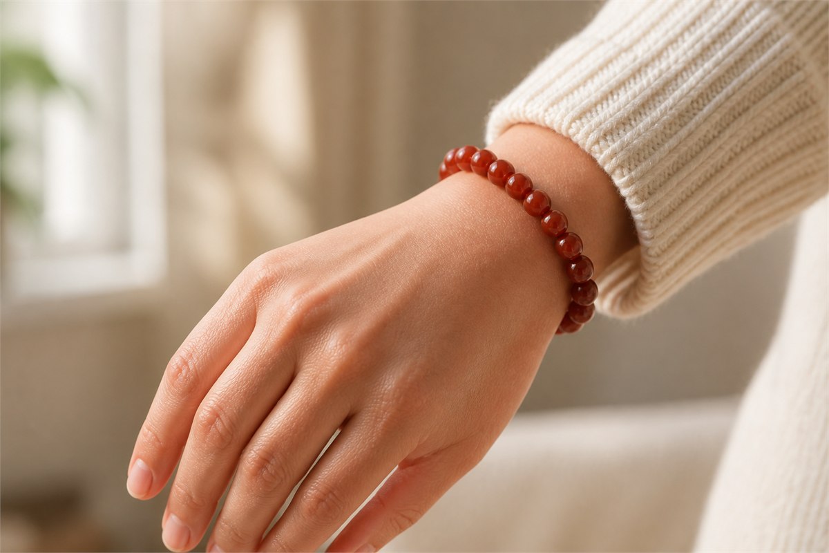 Adult wrist wearing a red agate bead bracelet with comfortable space around the wrist