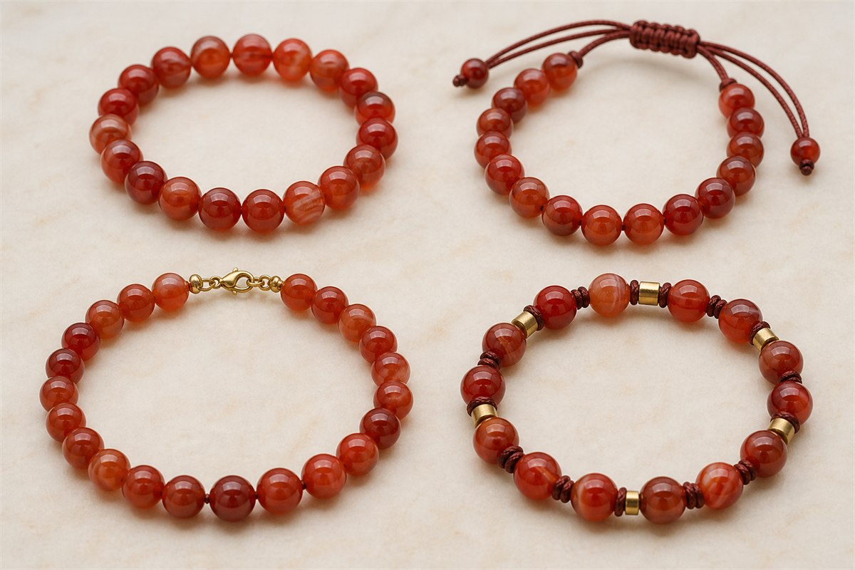 Four complete red agate bracelets with elastic, braided cord, clasp, and spacer construction