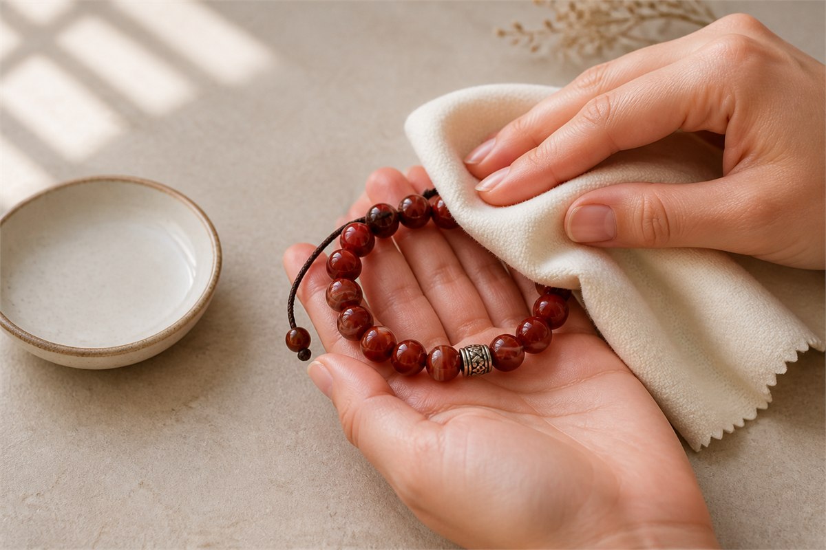 Hands gently wiping a complete red agate bracelet with a soft ivory cloth