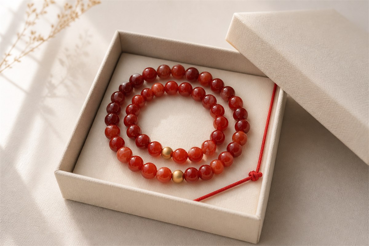 Two complete red agate bracelets arranged in a neutral fabric gift box