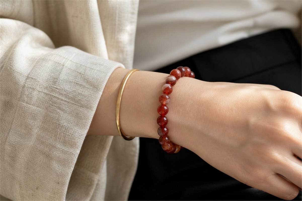 Adult wrist wearing a red agate bracelet with cream linen, black clothing, and a separated gold-toned bangle