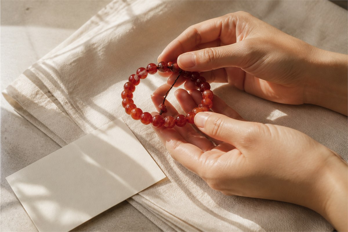 Two adult hands carefully holding and inspecting a complete red agate bracelet over ivory linen