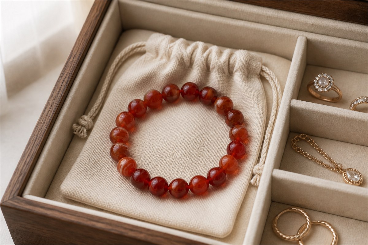 Complete red agate bracelet resting flat in a soft pouch inside a divided jewelry box