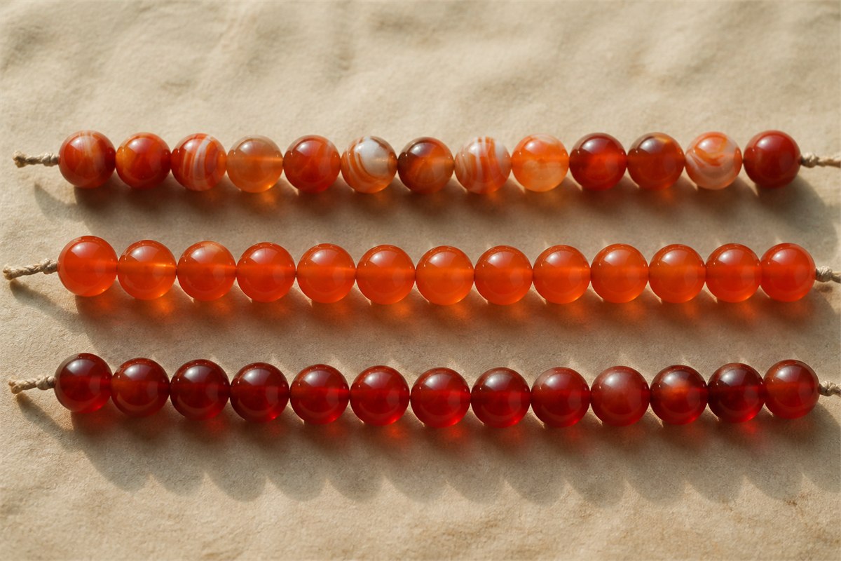 Three securely strung red chalcedony bead rows showing varied banding and color concentration