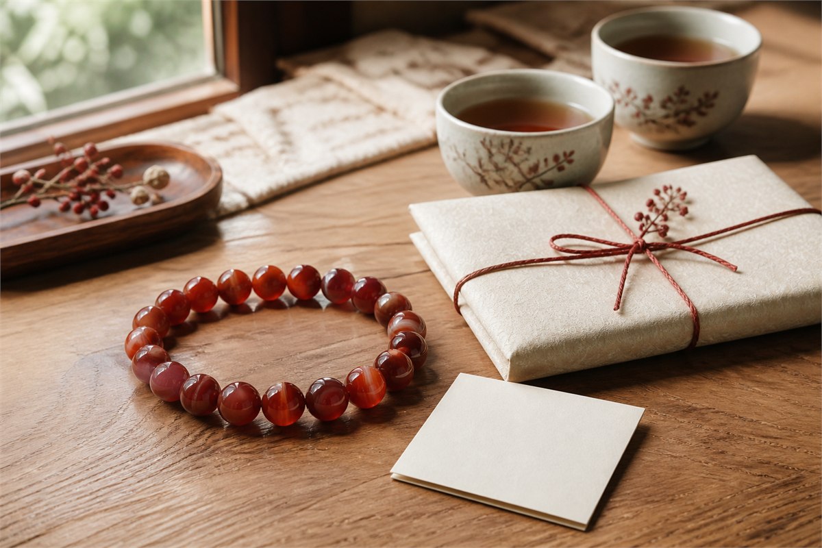 Complete red agate bracelet beside a wrapped gift and two ceramic tea cups on a warm wood table