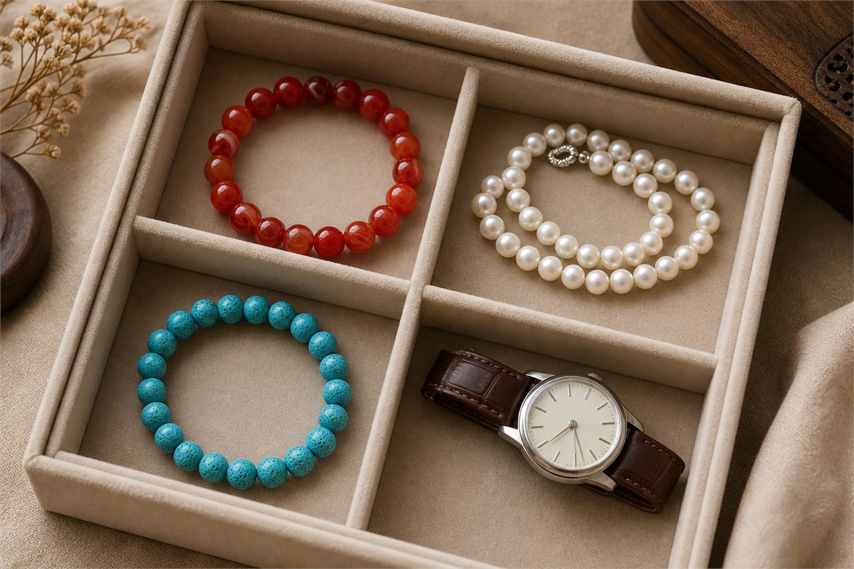 Red agate, pearl, turquoise bracelets and a watch stored in separate jewelry tray compartments