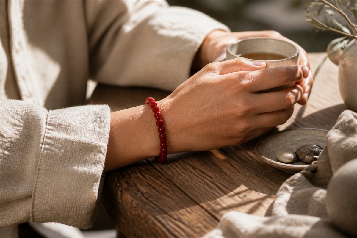 Adult wearing a red chalcedony bead bracelet while holding a ceramic tea cup