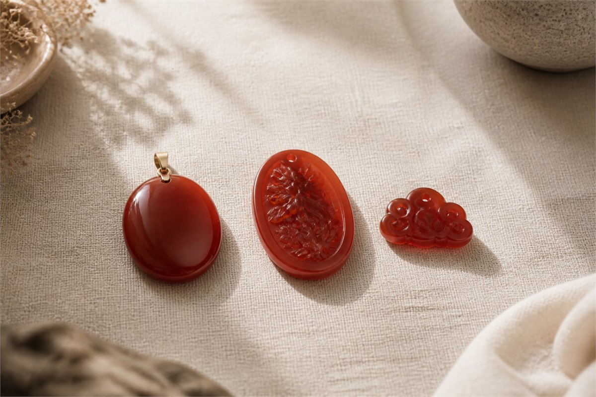Plain oval pendant, shallow botanical carving, and cloud-shaped red chalcedony carving